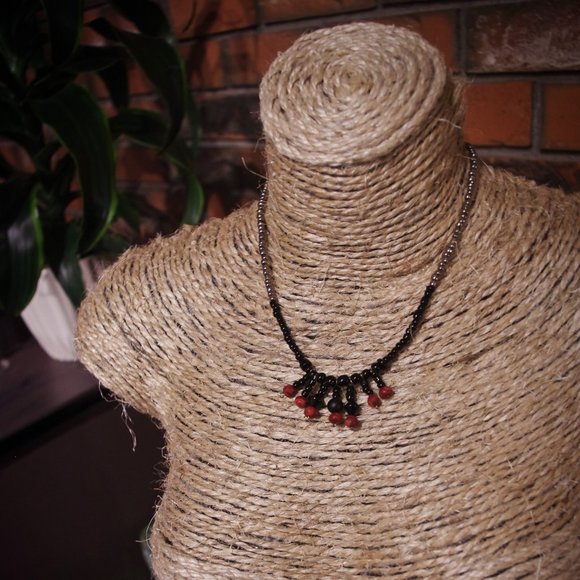 Black and Red Beaded Fringe Statement Necklace with Czech Crystal and Handmade B - Picture 2 of 5